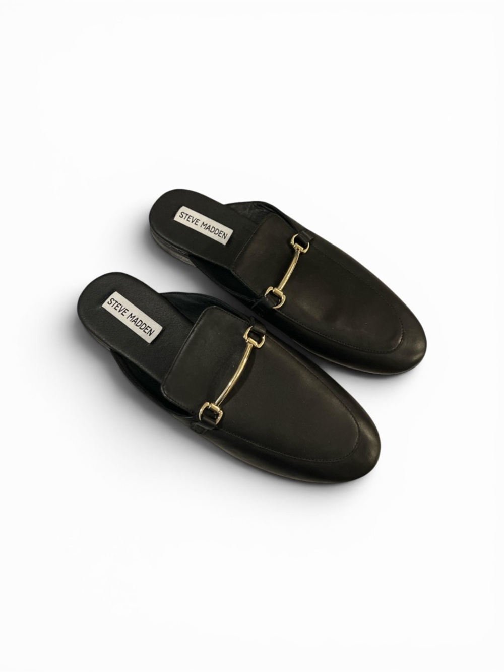 Steve Madden Black Leather Mule Loafers with Gold Bar Detail